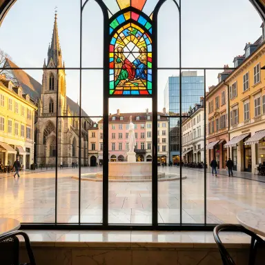 a sunlit city square with a fountain and buildings of different eras, stained glass style, FLUX.2
