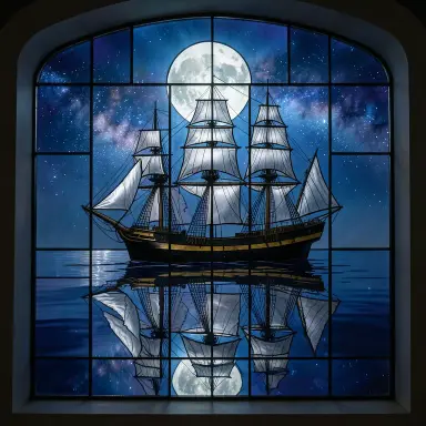 a clipper ship on a mirror-flat sea under the full moon, stained glass style, FLUX.2
