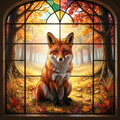 a red fox sitting in an autumn clearing, stained glass style, FLUX.2