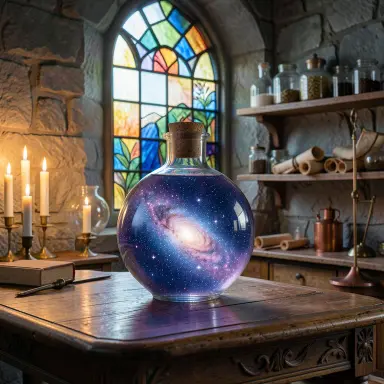a galaxy swirling inside a glass flask in an alchemist's laboratory, stained glass style, FLUX.2