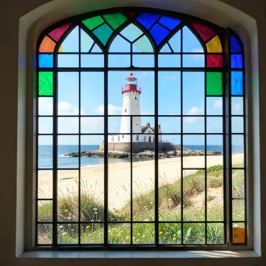 a lighthouse on a rocky islet, beach and dunes in front, stained glass style, FLUX.2