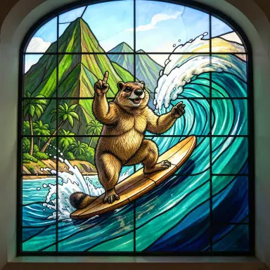 a marmot surfing a big wave, flashing a V sign, stained glass style, FLUX.2
