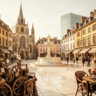 a sunlit city square with a fountain and buildings of different eras, steampunk style, FLUX.2