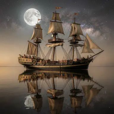a clipper ship on a mirror-flat sea under the full moon, steampunk style, FLUX.2