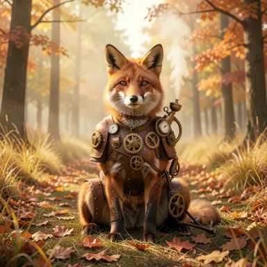 a red fox sitting in an autumn clearing, steampunk style, FLUX.2