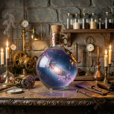 a galaxy swirling inside a glass flask in an alchemist's laboratory, steampunk style, FLUX.2