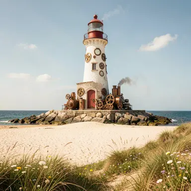 a lighthouse on a rocky islet, beach and dunes in front, steampunk style, FLUX.2