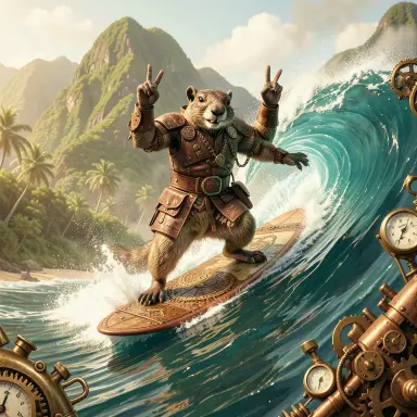 a marmot surfing a big wave, flashing a V sign, steampunk style, FLUX.2