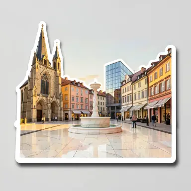 a sunlit city square with a fountain and buildings of different eras, sticker style, FLUX.2