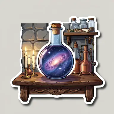 a galaxy swirling inside a glass flask in an alchemist's laboratory, sticker style, FLUX.2