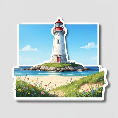 a lighthouse on a rocky islet, beach and dunes in front, sticker style, FLUX.2