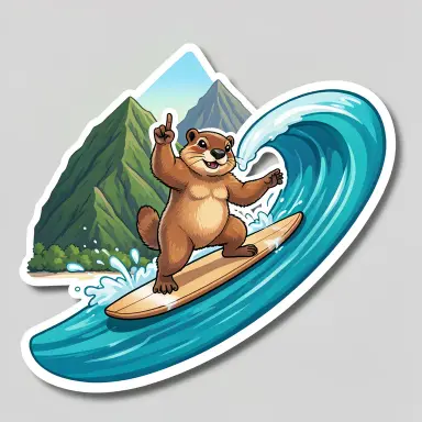 a marmot surfing a big wave, flashing a V sign, sticker style, FLUX.2