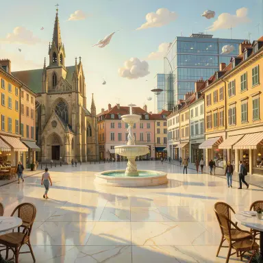 a sunlit city square with a fountain and buildings of different eras, surrealism style, FLUX.2
