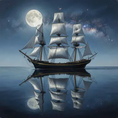 a clipper ship on a mirror-flat sea under the full moon, surrealism style, FLUX.2