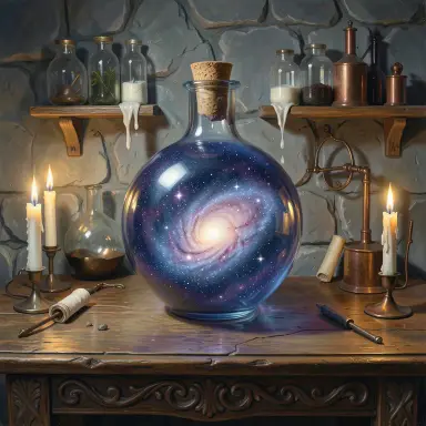 a galaxy swirling inside a glass flask in an alchemist's laboratory, surrealism style, FLUX.2