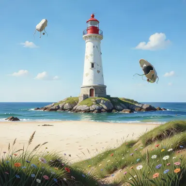 a lighthouse on a rocky islet, beach and dunes in front, surrealism style, FLUX.2
