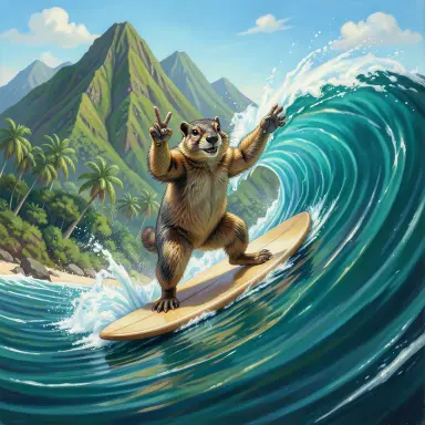 a marmot surfing a big wave, flashing a V sign, surrealism style, FLUX.2