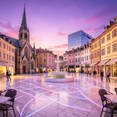 a sunlit city square with a fountain and buildings of different eras, synthwave style, FLUX.2