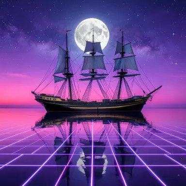 a clipper ship on a mirror-flat sea under the full moon, synthwave style, FLUX.2