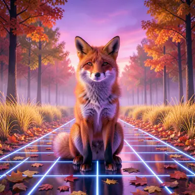 a red fox sitting in an autumn clearing, synthwave style, FLUX.2