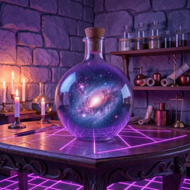 a galaxy swirling inside a glass flask in an alchemist's laboratory, synthwave style, FLUX.2