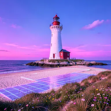 a lighthouse on a rocky islet, beach and dunes in front, synthwave style, FLUX.2