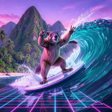 a marmot surfing a big wave, flashing a V sign, synthwave style, FLUX.2
