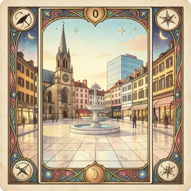 a sunlit city square with a fountain and buildings of different eras, tarot card style, FLUX.2