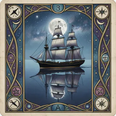 a clipper ship on a mirror-flat sea under the full moon, tarot card style, FLUX.2