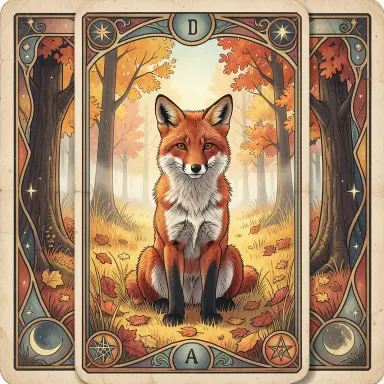 a red fox sitting in an autumn clearing, tarot card style, FLUX.2