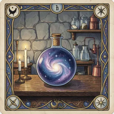 a galaxy swirling inside a glass flask in an alchemist's laboratory, tarot card style, FLUX.2