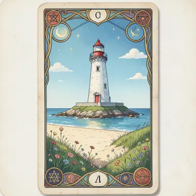 a lighthouse on a rocky islet, beach and dunes in front, tarot card style, FLUX.2