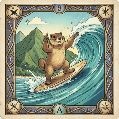a marmot surfing a big wave, flashing a V sign, tarot card style, FLUX.2