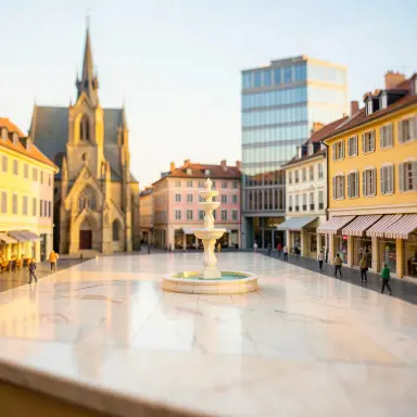 a sunlit city square with a fountain and buildings of different eras, tilt-shift style, FLUX.2