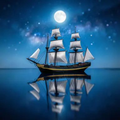 a clipper ship on a mirror-flat sea under the full moon, tilt-shift style, FLUX.2