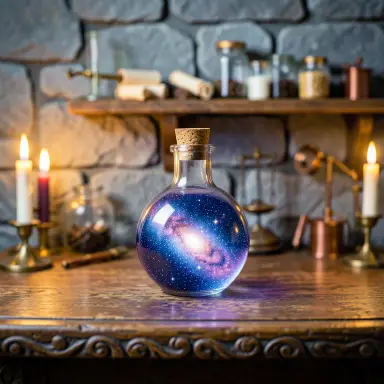 a galaxy swirling inside a glass flask in an alchemist's laboratory, tilt-shift style, FLUX.2