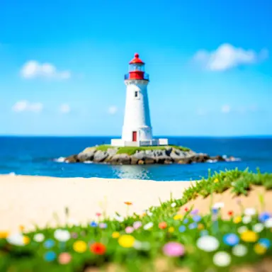 a lighthouse on a rocky islet, beach and dunes in front, tilt-shift style, FLUX.2
