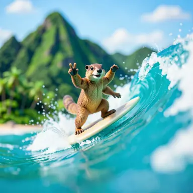 a marmot surfing a big wave, flashing a V sign, tilt-shift style, FLUX.2