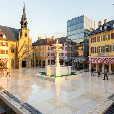 a sunlit city square with a fountain and buildings of different eras, toy bricks style, FLUX.2