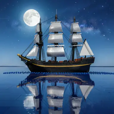 a clipper ship on a mirror-flat sea under the full moon, toy bricks style, FLUX.2