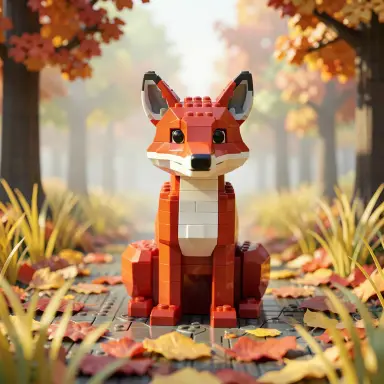 a red fox sitting in an autumn clearing, toy bricks style, FLUX.2