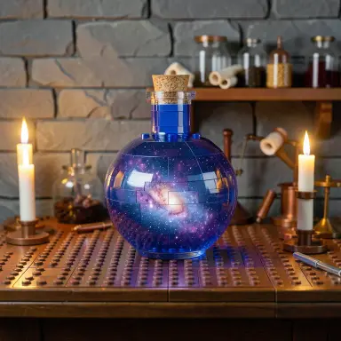 a galaxy swirling inside a glass flask in an alchemist's laboratory, toy bricks style, FLUX.2