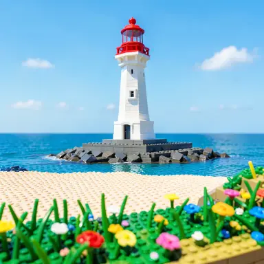 a lighthouse on a rocky islet, beach and dunes in front, toy bricks style, FLUX.2