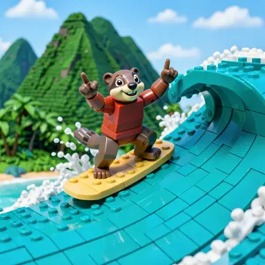 a marmot surfing a big wave, flashing a V sign, toy bricks style, FLUX.2