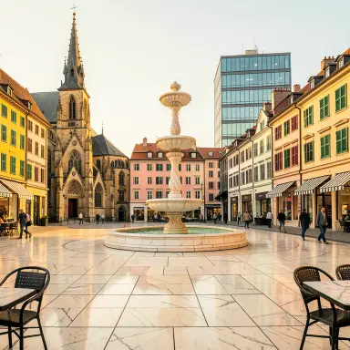 a sunlit city square with a fountain and buildings of different eras, traditional tattoo style, FLUX.2