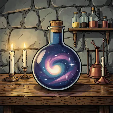 a galaxy swirling inside a glass flask in an alchemist's laboratory, traditional tattoo style, FLUX.2