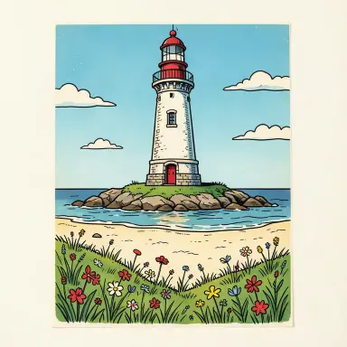 a lighthouse on a rocky islet, beach and dunes in front, traditional tattoo style, FLUX.2