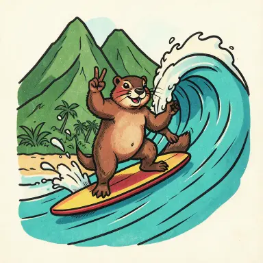 a marmot surfing a big wave, flashing a V sign, traditional tattoo style, FLUX.2