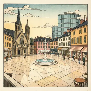 a sunlit city square with a fountain and buildings of different eras, ukiyo-e style, FLUX.2