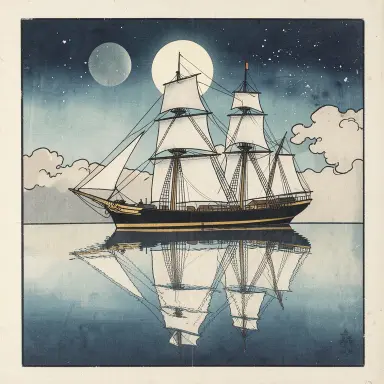 a clipper ship on a mirror-flat sea under the full moon, ukiyo-e style, FLUX.2